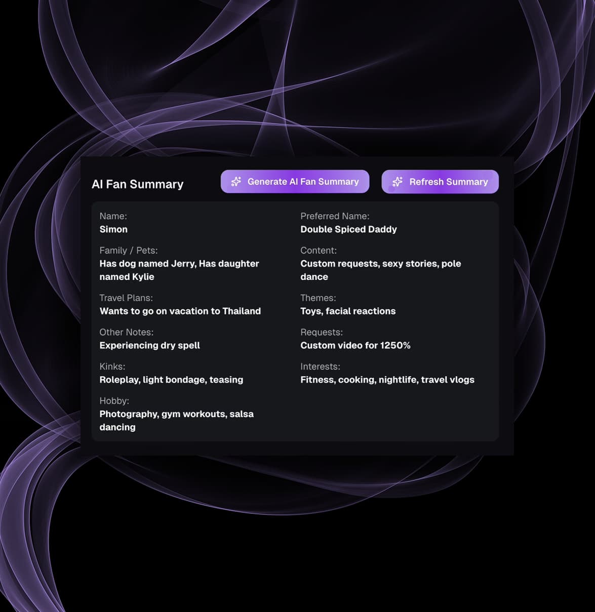 AI-generated fan profile summary for Fansly