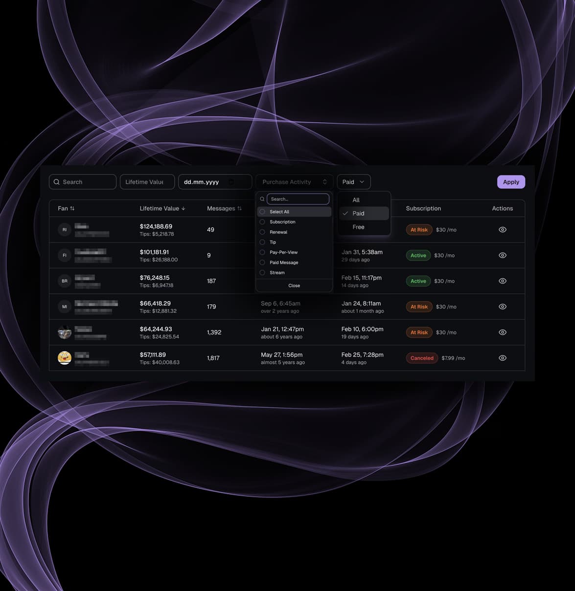 Fansly fan filtering and search interface