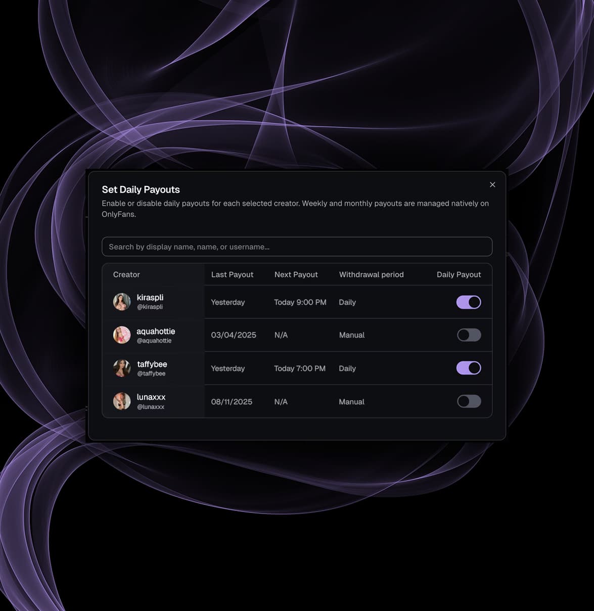 Per-creator daily payout automation controls for selected Fansly creators