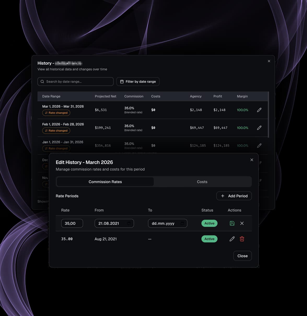 Month-by-month financial history and cost snapshot for Fansly creator profitability