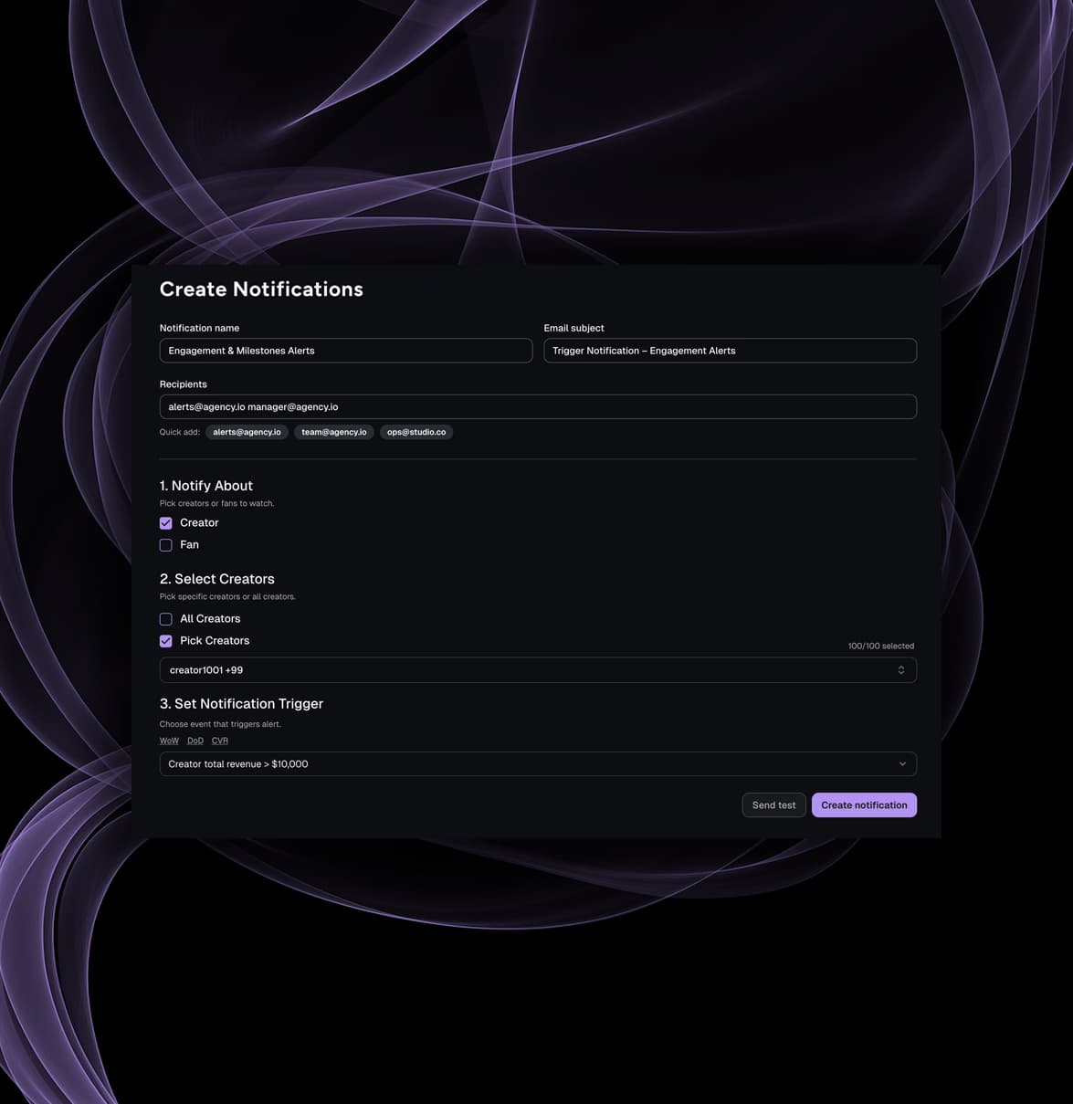 Chat alert configuration for response delays unread messages and fan activity triggers