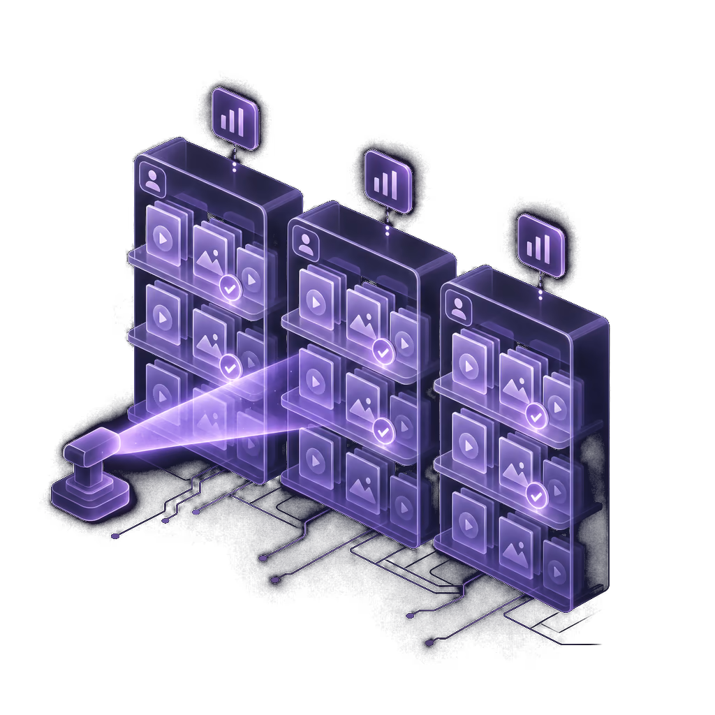 Scanning beam auditing media inventory shelves across multiple Fansly accounts