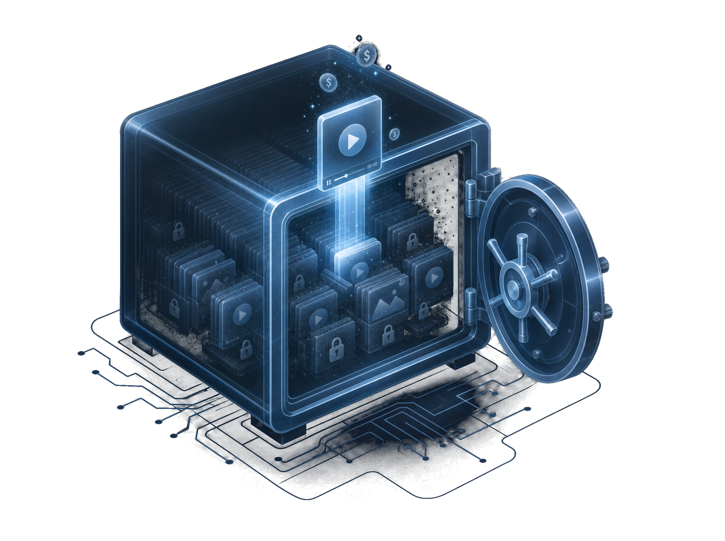 Open vault full of locked media cards, one video card lifted out and earning again