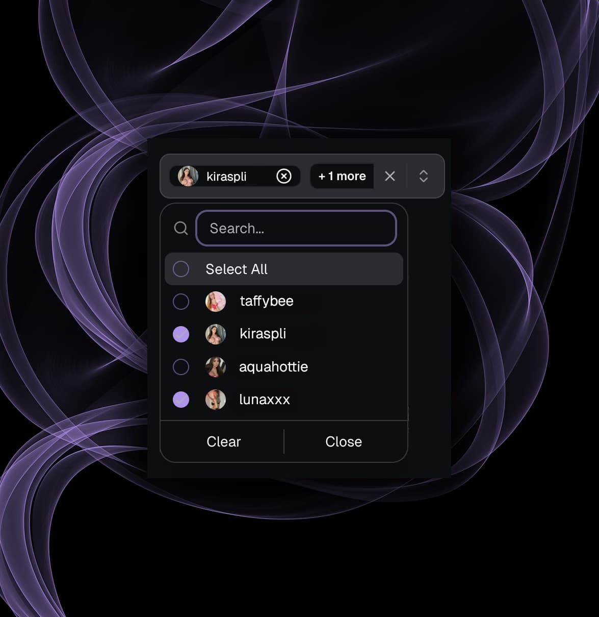 Creator selector dropdown with multi-account filtering in AI Fan Summaries