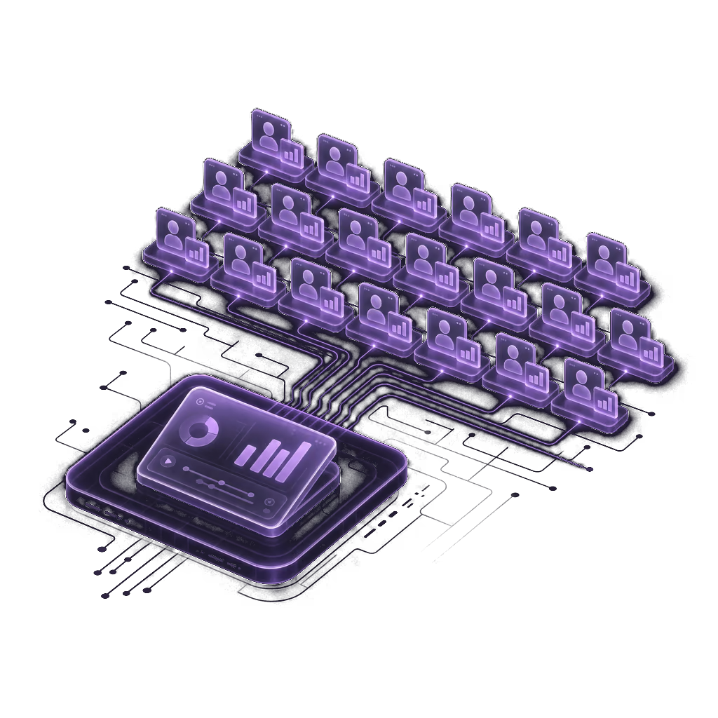 One command deck running twenty creator podiums, each with its own performance chart