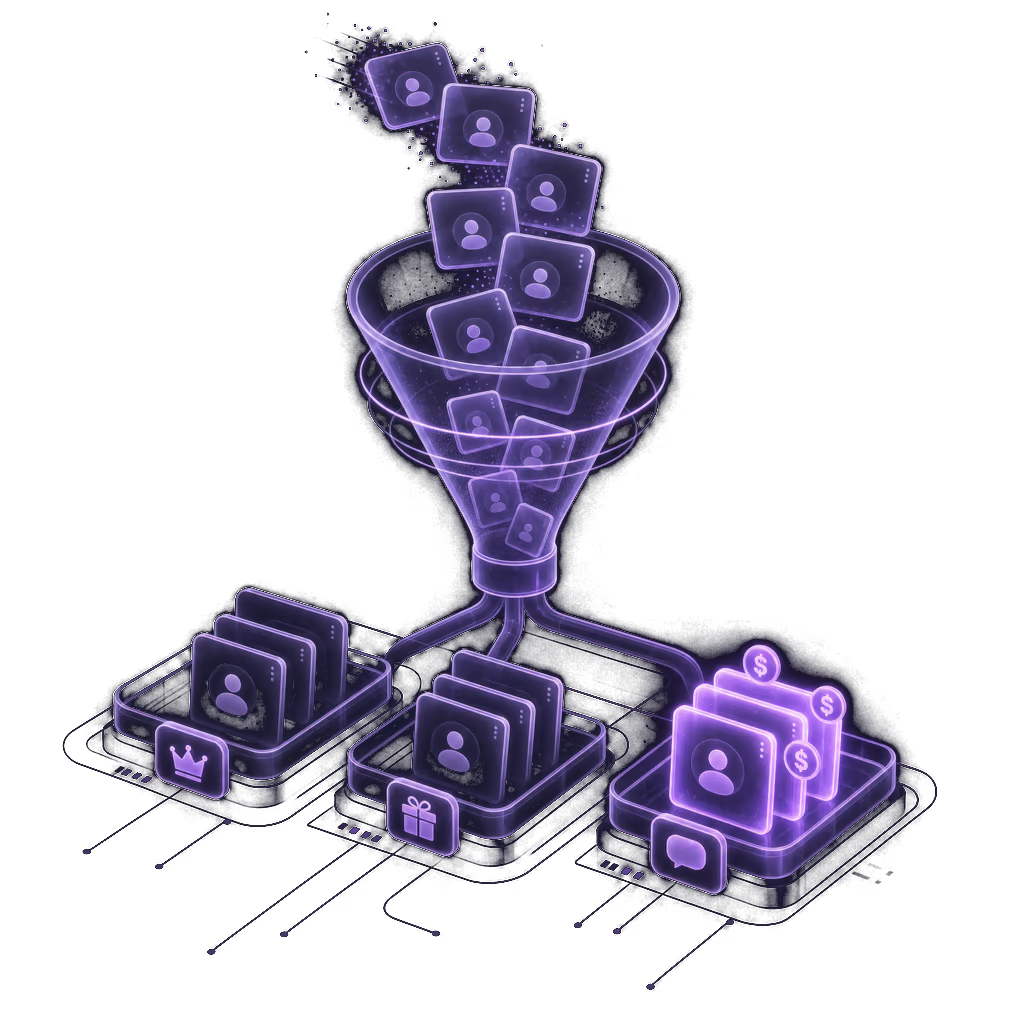 Fansly fans sorted through a segment funnel into whale, gift and message groups