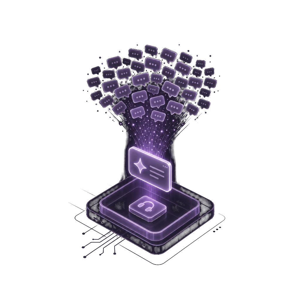 Scattered chat bubbles condensed by AI into one compact briefing card for the next shift