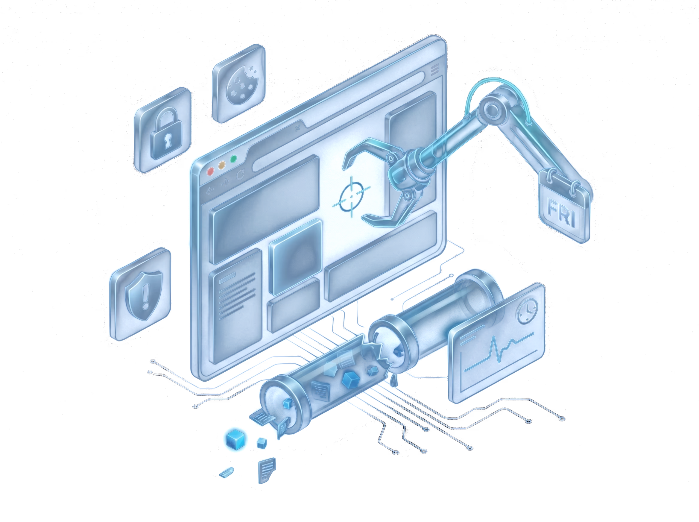 Robotic scraper arm missing a shifted page element on a Friday while its data pipe snaps and the dashboard freezes