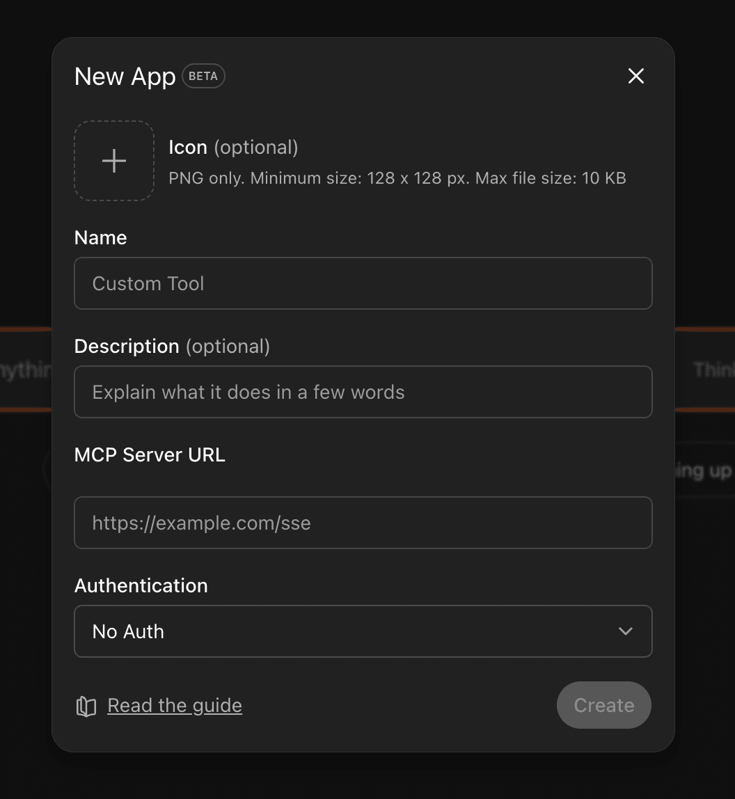 ChatGPT’s connector form with Name, MCP Server URL and Authentication fields — pick OAuth under Authentication before you click Create