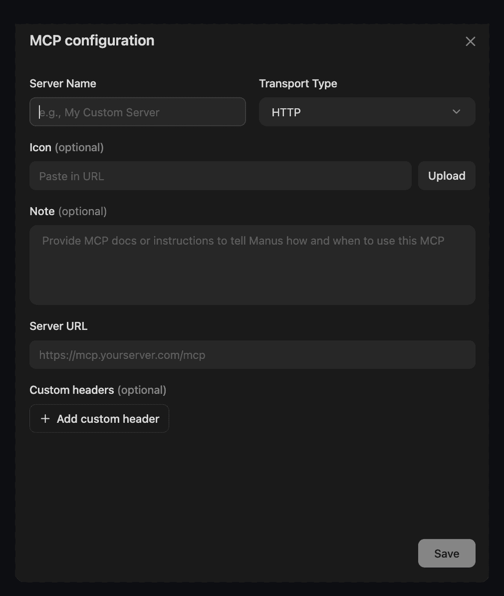 Manus MCP configuration dialog showing Server Name, Transport Type set to HTTP, Server URL, an optional Note, and the Save button